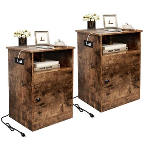 TC-HOMENY Nightstand Set of 2 Wood End Table Night Stand with Charging Station - Picture 1 of 15