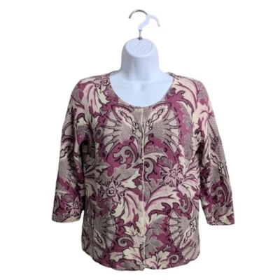 Cárdigan Suéter Talbots Petite Pure Cashmere Púrpura Gris Floral Manga 3/4 SP Foto 1 de 4