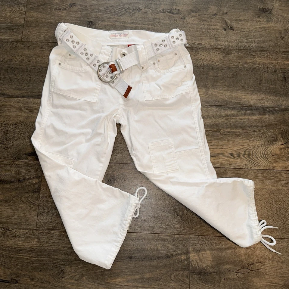 Pantalones Vanilla Star para mujer M blancos cargo capri encaje tachonado cinturón tiro bajo Y2K Foto 1 de 4