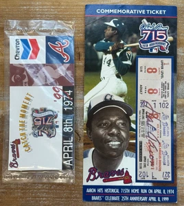 Hank Aaron 715 Lapel Pin Homerun 715th 25th anniversary baseball pin & Ticket - Picture 1 of 5