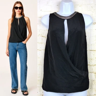 Maje Top Womens 1 US S Black Silk Draped Faux Wrap Sleeveless Embellished Neck - Image 1 of 4