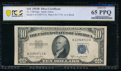 AC Fr 1708 1953B $10 Silver Certificate PCGS 65 PPQ - Image 1 of 2