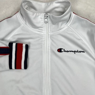 CHAMPION Track Jacket Women's Medium Full Zip Tricot Coat White Red Blue Retro - Image 1 of 4