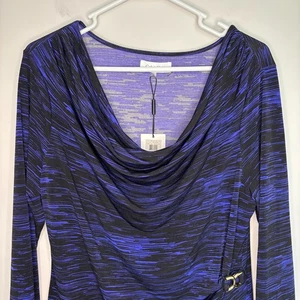Calvin Klein NEU Wasserfallausschnitt Tunika Damen L blau schwarz Faux Wickel Schlankmacher Stretch - Bild 1 von 8