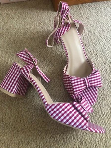 Bow Detail Fuchia/White Gingham Heeled Sandals UK5 - Picture 1 of 5