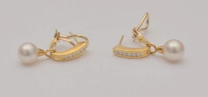 18k Yellow Gold French Back Pearl and Diamond Earrings E3 - Picture 1 of 7