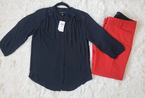 Banana Republic Sheer Lace Navy Blue Button Up 3/4 Dress Shirt XS PETITE RT$65 - Picture 1 of 7