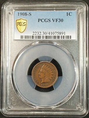 1908 S Indian Head Cent PCGS VF30 2232.30/41075891 Exquisite Coin Rare - Image 1 of 4
