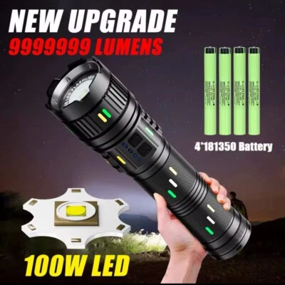 TORCIA LED DA 100W PROFESSIONALE POTENTE RICARICABILE CON 4 BATTERIE E CAVO USB - Immagine 1 di 4