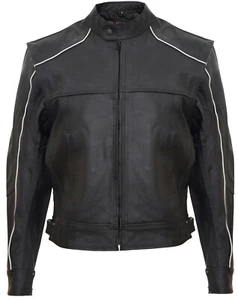 Men's Protective Motorcycle Black White Trim Leather Biker Jacket - Picture 1 of 4