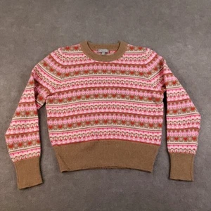 J Crew Sweater Women XS Pink Brown Fair Isle Hearts Crewneck Wool Blend Pullover - Picture 1 of 8