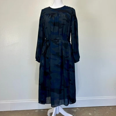 NWT Banana Republic Dress Navy Black Camo 2P Belt Sheer Flowy Long Sleeve Formal - Image 1 of 4