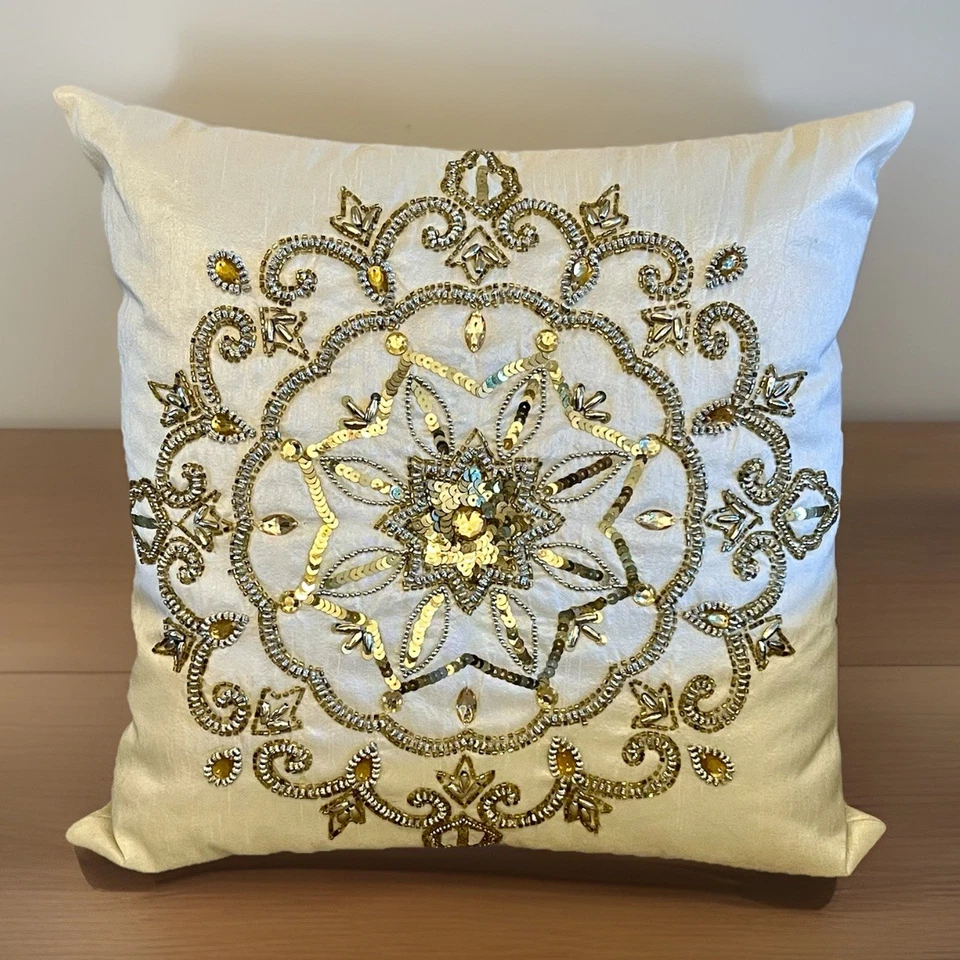 16”x16” Ivory & Gold Decorative Beaded & Sequined Mandala Luxe Pillow EUC - Image 1 of 4