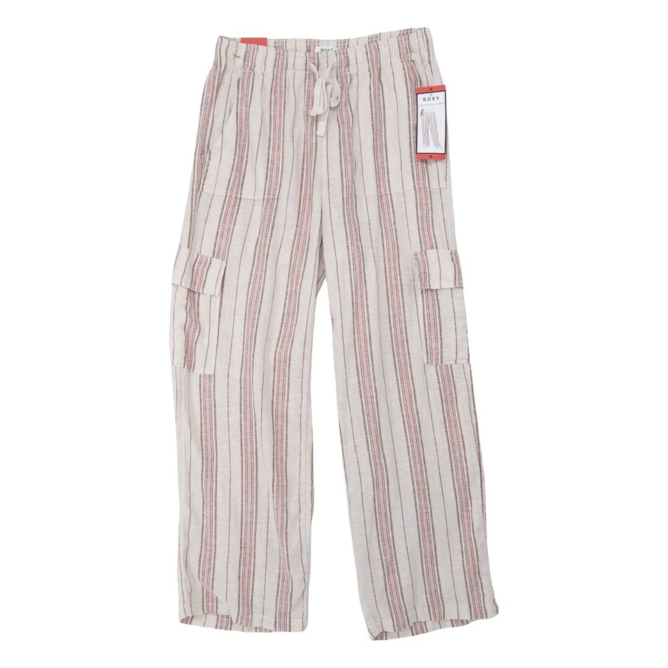 NWT Roxy Stripe Linen Blend Cargo Pocket Pants, Cream and Pink  M Beachy - Image 1 of 4