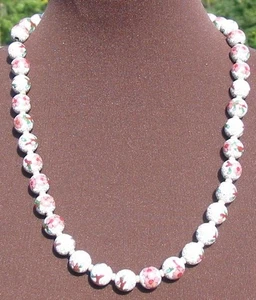 Vintage Floral Cloisonné 42 x 10mm Bead White Enamel Necklace 23” Gold Clasp - Picture 1 of 5