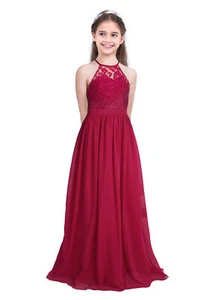 Kids Flower Girl Dresses Halter Lace Floral Chiffon Dress Bridesmaid Gowns - Picture 1 of 64