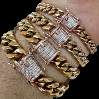 Miami Cuban Link Bracelet 1ct CZ Iced Clasp 14k Rose Gold Plated Stainless Steel - Image 1 of 4
