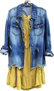 Women's Casual Distressed Long Sleeve Button Down Shirt Ripped Denim Jacket - Picture 1 of 19