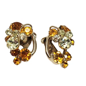 Juliana Clip-On Earrings Jonquil Yellow, Light Topaz Rhinestones Vintage - Picture 1 of 8