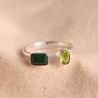 Genuine Malachite & Peridot Dual Stone Sterling Silver Adjustable Ring For Gift
