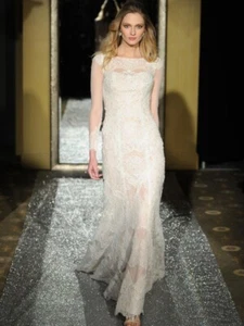 Oleg Cassini Ivory/Nude Size 8 Illusion Long Sleeve Wedding Dress STYLE# CWG712 - Picture 1 of 24