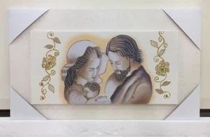 QUADRO SACRA FAMIGLIA CON CORNICE IN LEGNO COLOR GHIACCIO E DECORI ORO 76x46 cm - Imagen 1 de 3