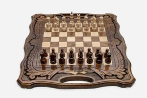 Walnut wooden Chess Set-3 in 1 chess backgammon checkers-Hand carved board game - Picture 1 of 6