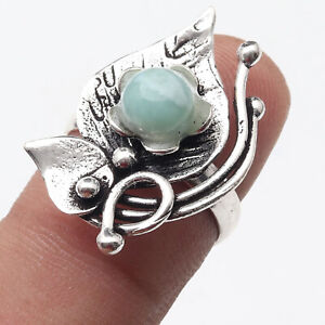 K15023 Natural Larimar Silver Plated Flower Style Ring US 7 Gemstone Jewelry