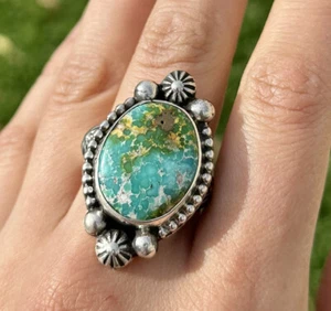 Native American Sterling Silver Sonoran Gold Turquoise Ring. Size 11. Signed - Picture 1 of 12
