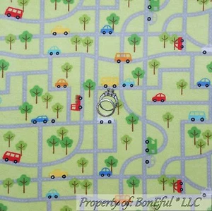 BonEful Fabric FQ Flannel Cotton Quilt Green Red Blue Baby Boy Car Bus Truck Map - Picture 1 of 10