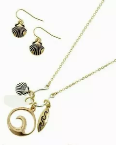 GOLD OCEAN BEACH CHARM NECKLACE W/DANGLE EARRINGS WAVES, SEASHELL, WHITE STONE - Picture 1 of 8