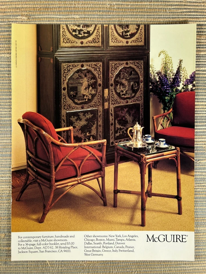 McGuire Rattan Contemporary Furniture Chair Side Table 1982 Vintage Print Ad - Image 1 of 1