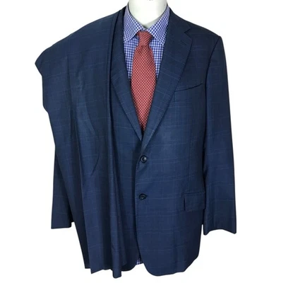 J Hilburn X V B Canonic Suit 2 Piece Jacket 44L Navy Plaid Pants 38X32 Flat Frot - Image 1 of 4
