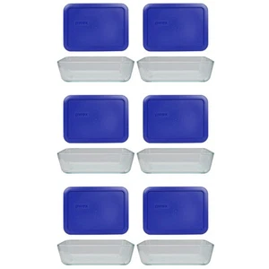Pyrex (6) 7210 3-Cup Glass Dishes and (6) 7210-PC Cadet Blue Lids - Picture 1 of 6