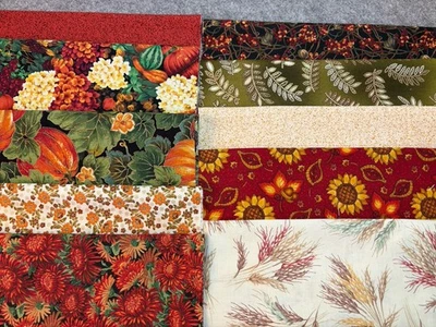 Lot of 10 cotton Fabric Scraps 9” X 21” orange fall colors leaves - Image 1 of 3