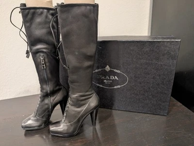 PRADA CALZATURE DONNA 系带 Nappa 弹力皮革高跟鞋,37.5 码 — 第 1/4 张图片