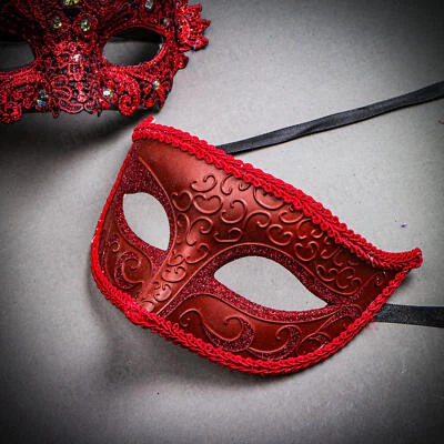 RED Venetian Women Feather Party Mask Masquerade & Phantom Men Eye Mask Couple - Image 1 of 3