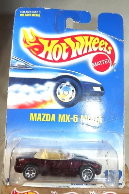 Tarjeta de coleccionista Hot Wheels 1991 azul/blanco #172 Mazda MX-5 MIATA granate con 7 radios Foto 1 de 4