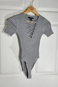 Forever 21 Bodysuit Womens Size Small Short Sleeve Cross Lace Gray - Picture 1 of 6