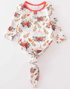 Girl's Boutique Orange Floral Pumpkin Fall Print Bamboo Baby Knot One Piece Outf - Picture 1 of 7