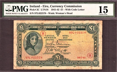 Ireland Lady Lavery One Pound 1941 With War Code ( B ) Pick-2C Ch Fine PMG 15 - Image 1 of 2