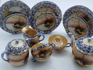 Vintage handbemalt Japan Porzellan Tee Set Geschirr Herbst Kabine Szene 18er Set - Bild 1 von 8
