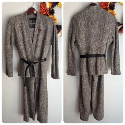 Lafayette 148 Sz 10/12 Belted Leather Blazer Pant Set Tweed Wool Blend - Image 1 of 4