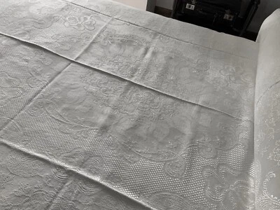 Linge Ancien Couvre Lit De Mariage En Lin Et Soie Franges Et Dentelle - Photo 1/4