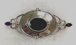 Sterling Green Quartz Oval Pin with Amethysts Marked 925 - 9.5 Grams - Picture 1 of 7