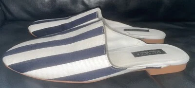 LADIES SIZE UK 5 CREAM AND NAVY STRIPE CANVAS LINEN MULES ZARA HOME MINIMAL WEAR - Image 1 of 4