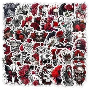 50pcs Waterproof Vinyl Stickers Red Gothic Style Skull Luggage Phone Laptop Car - Picture 1 of 11