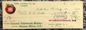 Antiguo cheque 19 de agosto de 1915 Salter enlatado original escrito estampado NY vintage - Imagen 1 de 5