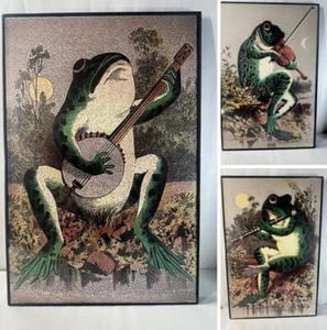 Lot of 3 Framed Prints Frog Playing Banjo Flute Violin Moonlight Art Pictures - Picture 1 of 18