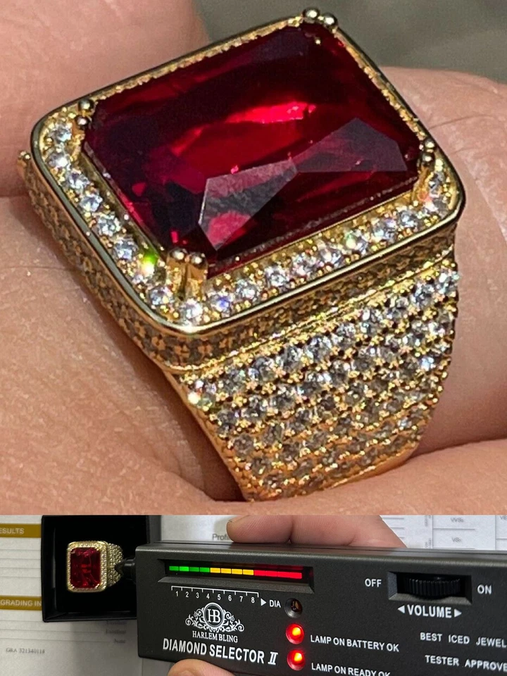 Anillo Hip Hop Moissanite Para Hombres Oro Helado 14K Sobre Plata 925 Real Piedra Roja Grande Foto 1 de 4